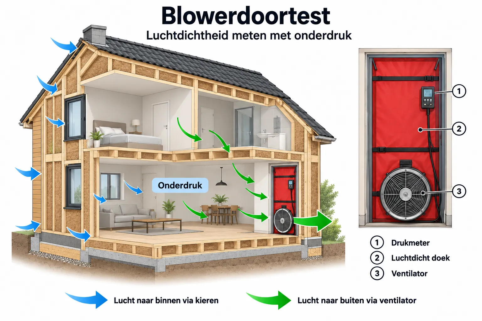Illustratie van een blowerdoortest: een ventilator in de voordeur zuigt lucht uit de woning, zodat buitenlucht via eventuele kieren naar binnen komt. Rechts de blowerdoor met drukmeter, luchtdicht doek en ventilator.